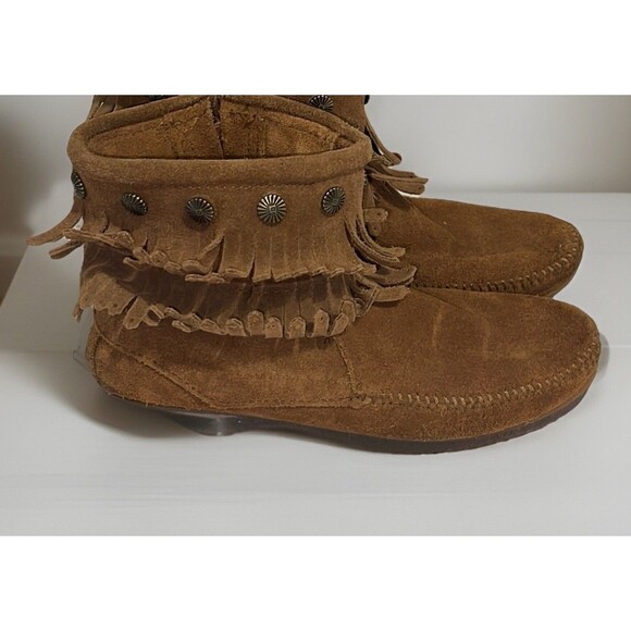 MINNETONKA Fringe Moccasins Boho Festival Brown Suede Boots Woman’s Size 7.5 US - Picture 2 of 13
